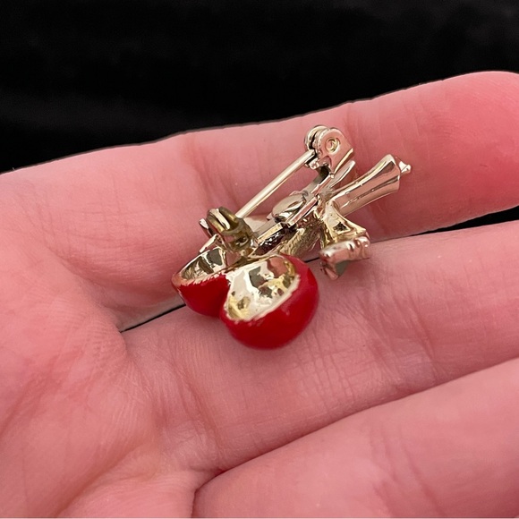 Vintage Silver Tone Red Enamel Cherry Coquette Girl Ballet Dainty Pin / Brooch - Picture 7 of 9